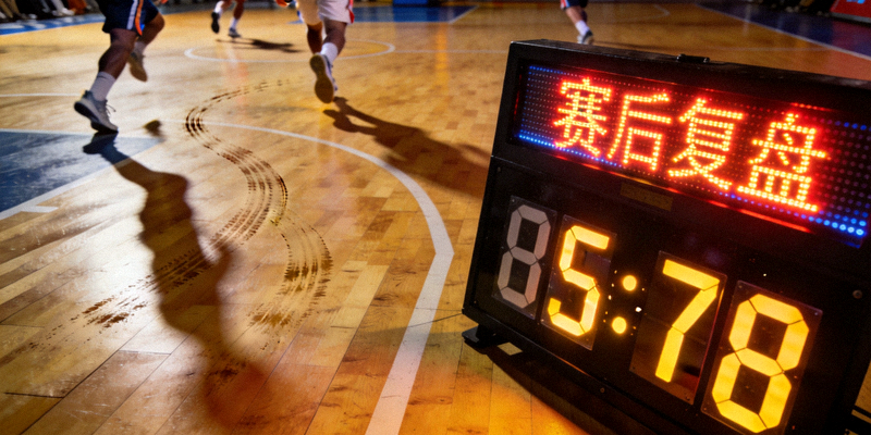 篮球赛后复盘文章配图：球场与记分牌特写